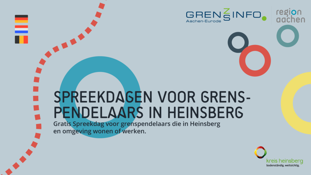 Kleurrijke grafiek, in het midden de titel van het evenement "Spreekdagen voor grenspendelaars in Heinsberg". Ernaast de logo's van het GrensInfoPunt, van Region Aachen en het district Heinsberg.
